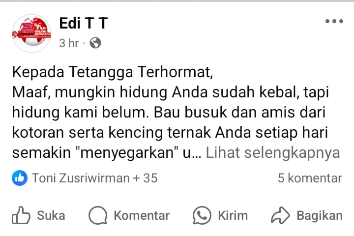 Diduga Dapat Ancaman Usai Unggah Keluhan Bau Kandang, Edi Tanjung Akan Tempuh Jalur Hukum
