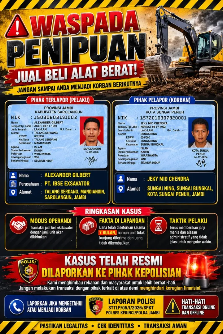 Dugaan Penipuan Jual Beli Alat Berat, Korban Tempuh Jalur Hukum